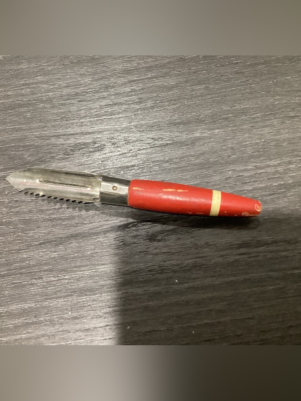Vtg. Vegtable peeler and corer with original wooden red and cream paint